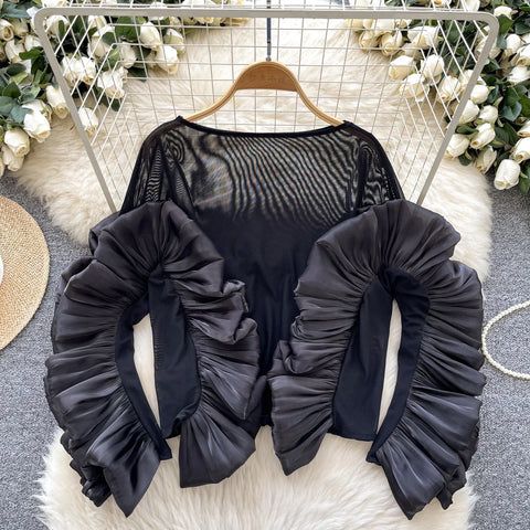Image of Basics Ruffle Spliced O-neck Vintage Long Sleeves Slim Mesh Top Office Lady Spring Autumn Women T-Shirts-FrenzyAfricanFashion.com