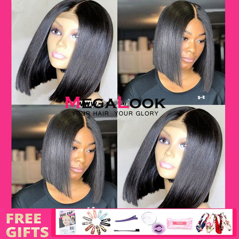 Image of MEGALOOK Short Bob Wig Human Hair Wigs For Women Transparent Lace Wig Pre Plucked Virgin T Part Bob Lace Human Hair Wigs 180%-FrenzyAfricanFashion.com