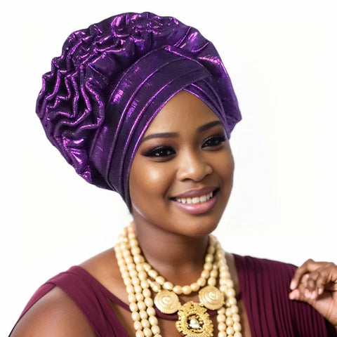 Image of Fashion Women Elastic Ruffle African Turban Cap Lady Head Wraps Nigeria Wedding Auto Gele Headtie Party Headgear Headwear Hat-FrenzyAfricanFashion.com