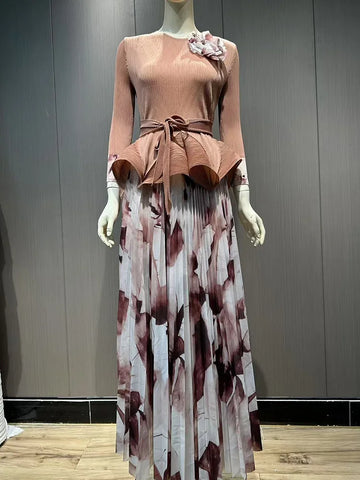 Image of Ruffled Pleated A-line Skirts 2 Pieces Set Women Fashion Ruffle Hem Flower Top-FrenzyAfricanFashion.com