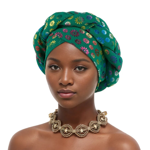 Image of Flower Bronzing African Braid Turban Caps Shining Women's Head Wraps Nigeria Wedding Geles Party Headgear Auto Gele Headtie-FrenzyAfricanFashion.com