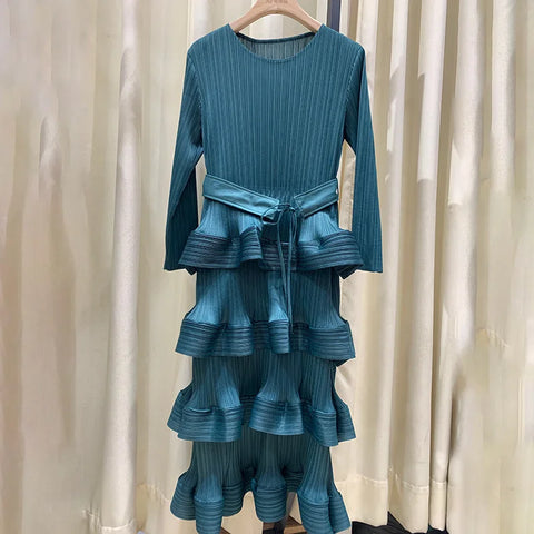 Image of Pleat Dresses Autumn Mid-length Women's Black Dress-FrenzyAfricanFashion.com