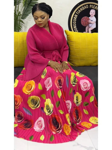 Image of Elegant Party 2 Piece Set Women Belt Batwing Sleeves Tops A-line Print Folds Long Skirt-FrenzyAfricanFashion.com