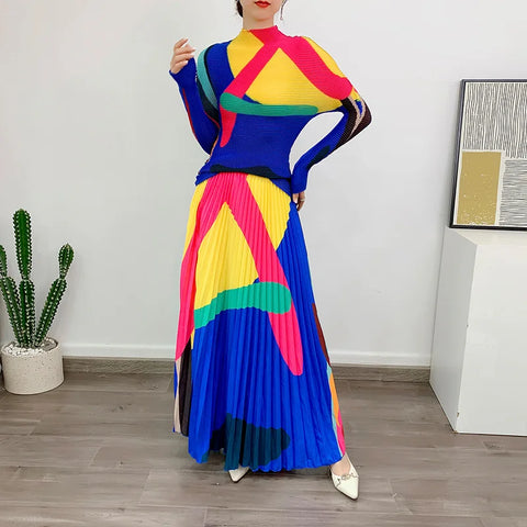 Image of Women Dress 2 Pieces Sets Long Sleeves Pleated Top With Elastic Skirts-FrenzyAfricanFashion.com