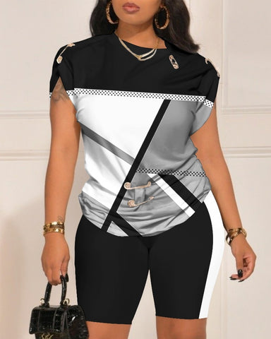 Image of Tops Sets Casual 2-piece Summer Fashion Pin Print T-shirt Shorts-FrenzyAfricanFashion.com