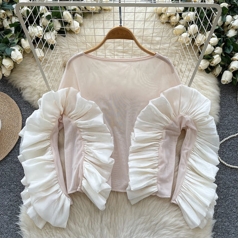 Image of Basics Ruffle Spliced O-neck Vintage Long Sleeves Slim Mesh Top Office Lady Spring Autumn Women T-Shirts-FrenzyAfricanFashion.com