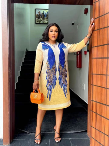 Image of Pleated Miyake Dress Fashion Round Neck Printed Long Sleeve Loose Knee-Length Dresses-FrenzyAfricanFashion.com