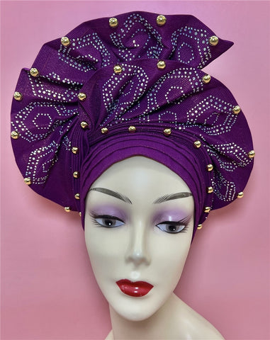 Image of African headtie nigerian gele headties with beads and stones women head wrap sewing fabric for party 1set-FrenzyAfricanFashion.com
