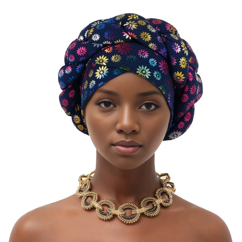 Image of Flower Bronzing African Braid Turban Caps Shining Women's Head Wraps Nigeria Wedding Geles Party Headgear Auto Gele Headtie-FrenzyAfricanFashion.com