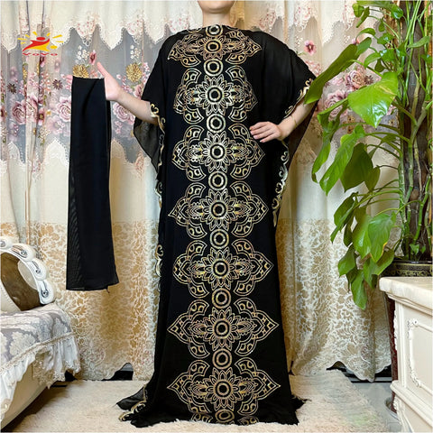 Image of Women Abaya African Embroidery Flower Dress With Scarf-FrenzyAfricanFashion.com