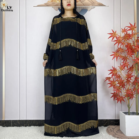 Image of 2024 Muslim Abayas For Women Prayer Garment Ramadan Chiffon Sequin Loose Long Sleeved Boubou Maxi Islam Femme Robe With Hooded-FrenzyAfricanFashion.com
