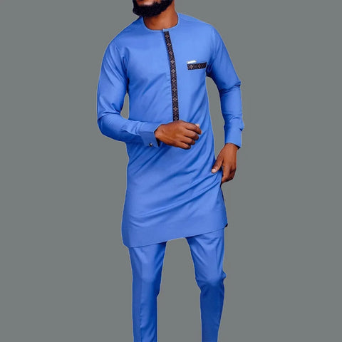 Image of Men's Elegant Long Sleeve Suit Shirt Pants 2-piece Solid Color Party Long Sleeve African Ethnic Style-FrenzyAfricanFashion.com