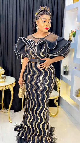 Image of African Wedding Party Dresses for Women Spring Autumn African Women Sequined Short Sleeve Long Dress Dashiki African Dresses-FrenzyAfricanFashion.com