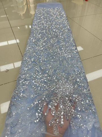 Image of Royal Blue Luxury Sequin Lace Fabric African High Quality Beaded Tulle Fabric For Bride Dress Sewing-FrenzyAfricanFashion.com