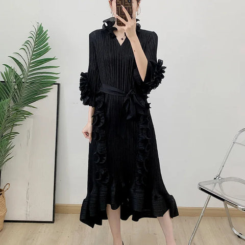 Image of Pleated Fungus Edge Long Dress Summer Fashion Women's Clothing Elegant Medium Long Dress-FrenzyAfricanFashion.com