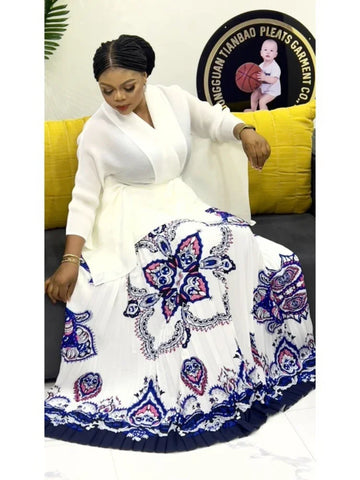 Image of Pleated Fashion 2 Piece Set Women Belt Batwing Sleeves Tops Print A-line Folds Long Dresses-FrenzyAfricanFashion.com