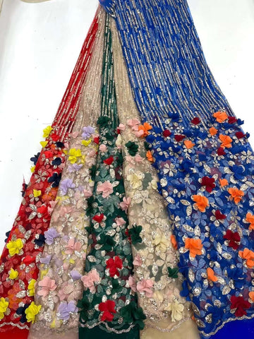 Image of Sequins Applique Fashion 3D Flower Embroidery French Tulle Fabric-FrenzyAfricanFashion.com