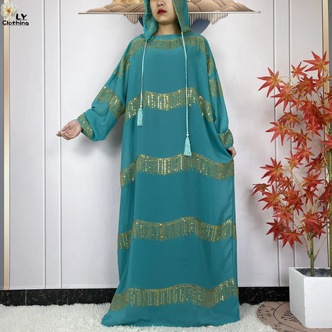 Image of 2024 Muslim Abayas For Women Prayer Garment Ramadan Chiffon Sequin Loose Long Sleeved Boubou Maxi Islam Femme Robe With Hooded-FrenzyAfricanFashion.com