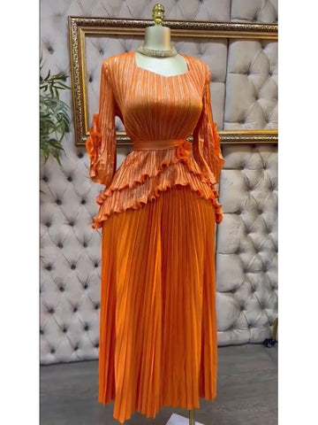 Image of Pleated Set Women Solid Tierred Ruffles Top & Large Size Folds A-line Skirt Two Pieces Sets-FrenzyAfricanFashion.com