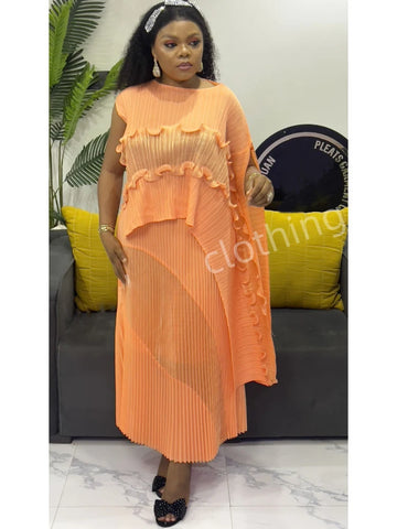 Image of Spring New Women's Color Matching Pleated Set Shawl Irregular Top Long Elastic Waist Skirt 2 Pieces Sets-FrenzyAfricanFashion.com