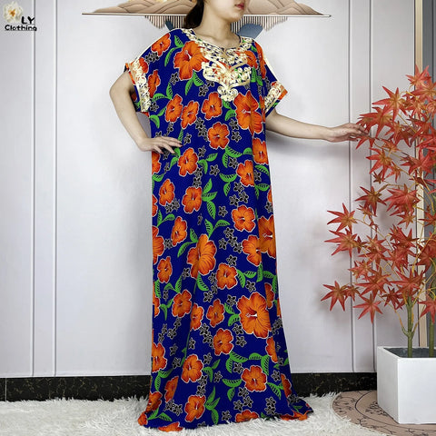 Image of Abaya Cotton Floral Printing Loose Maxi Casual Dress-FrenzyAfricanFashion.com