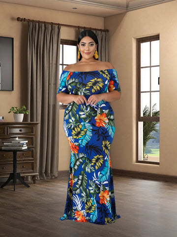 Image of Plus Size Short Sleeved Floral Women Robe Soirée Femme-FrenzyAfricanFashion.com