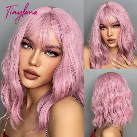 Image of Light Pink Short Wavy Synthetic Hair Wigs with Bangs Cosplay Natural Shoulder Length Bob Wig For Women Afro Heat Resistant Fiber-FrenzyAfricanFashion.com