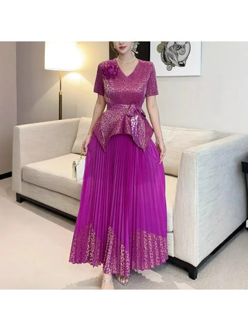 Image of 2025 Spring New Fashion Casual Suit Women's Bronzing Bud V-neck Top High Waist Long Skirt Two-piece Set-FrenzyAfricanFashion.com