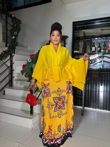 Image of Pleated Fashion 2 Piece Set Women Belt Batwing Sleeves Tops Print A-line Folds Long Dresses-FrenzyAfricanFashion.com