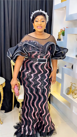 Image of African Wedding Party Dresses for Women Spring Autumn African Women Sequined Short Sleeve Long Dress Dashiki African Dresses-FrenzyAfricanFashion.com