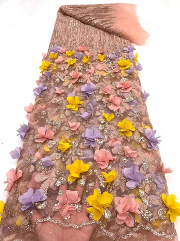 Image of Sequins Applique Fashion 3D Flower Embroidery French Tulle Fabric-FrenzyAfricanFashion.com