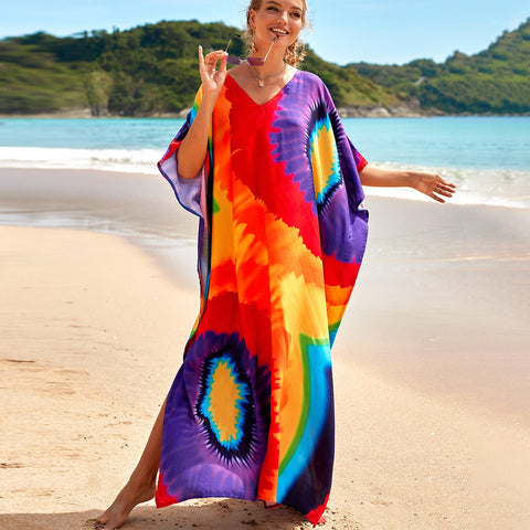 Image of Kaftan Dresses Women Bohemian Maxi Tie Dye Rayon Summer Holiday Bathing Suits-FrenzyAfricanFashion.com