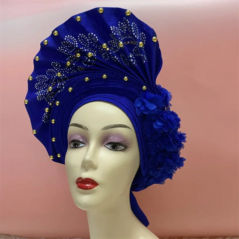 Image of African Nigerian gel headgear with stone bead already made auto turban afro aso ebi gel aso oke wide br im headgear 9L032801-FrenzyAfricanFashion.com