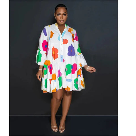 Image of Women Floral Printed Lantern Long Sleeve Single Breasted Loose Shirt Style Babydoll Dress-FrenzyAfricanFashion.com