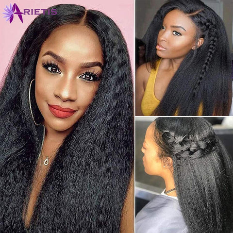 Image of Kinky Straight Wig Transparent Lace Frontal Wig Curly Human Hair Wigs Lace Frontal Pre Plucked Glueless Closure Wig Remy Hair-FrenzyAfricanFashion.com