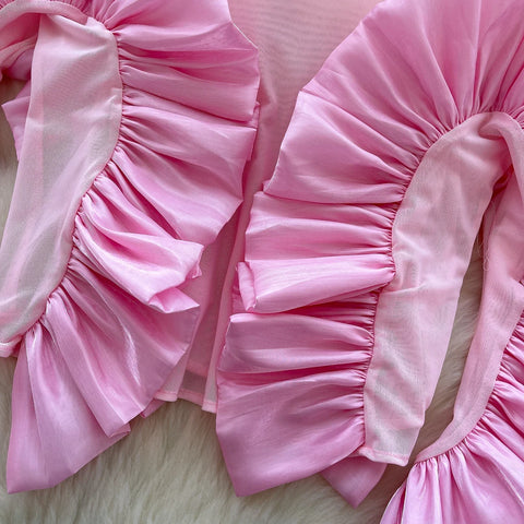 Image of Basics Ruffle Spliced O-neck Vintage Long Sleeves Slim Mesh Top Office Lady Spring Autumn Women T-Shirts-FrenzyAfricanFashion.com