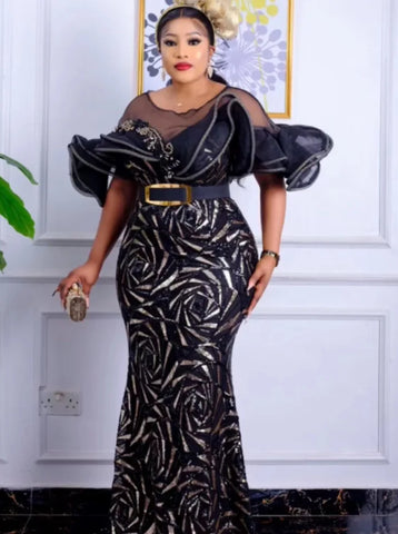 Image of 2023 Spring Summer Elegant African Women Short Sleeve Sequined Wedding Party Long Dress Africna Dresses for Women Maxi Dress-FrenzyAfricanFashion.com