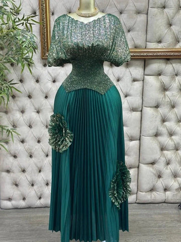 Image of Wedding Guest Luxury Pleated 2 Pieces Set Women Short Batwing Half Sleeved Irregular Hem Top + 3D Flowers A-line Skirt-FrenzyAfricanFashion.com