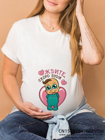 Image of Maternity Clothes Casual Pregnancy T Shirts Baby Print Funny Women Summer Tees Tops White-FrenzyAfricanFashion.com
