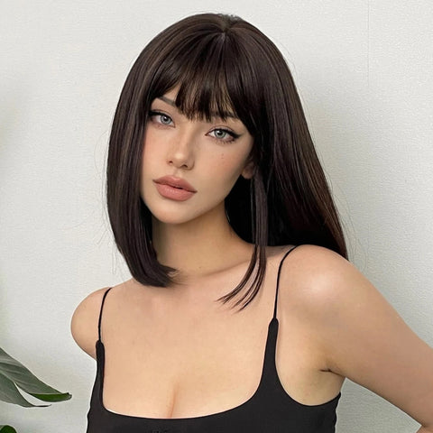 Image of Short Black Brown Synthetic Natural Hair Wigs for Women Bob Straight Wig with Bangs High Temperature Daily Cosplay Party Wigs-FrenzyAfricanFashion.com