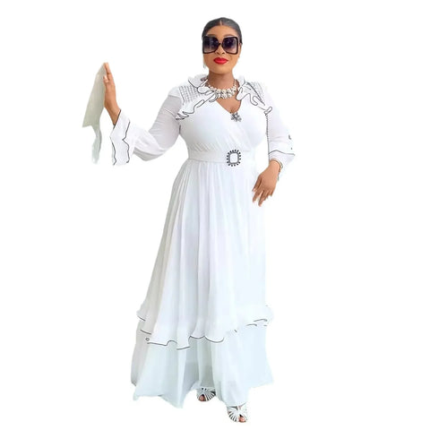 Image of African Party Dresses for Women 2024 Fashion Dashiki Ankara Wedding Gowns Plus Size Elegant Turkey Muslim Chiffon Maxi Dress-FrenzyAfricanFashion.com