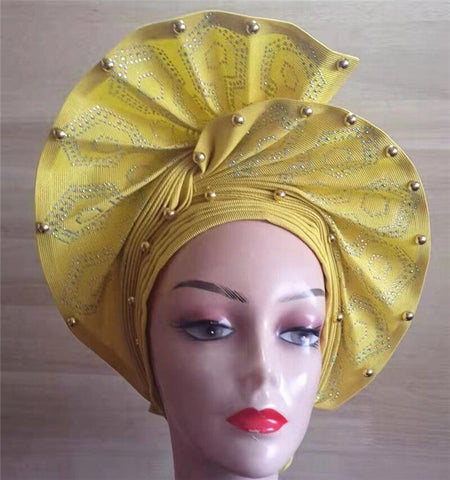 Image of African headtie nigerian gele headties with beads and stones women head wrap sewing fabric for party 1set-FrenzyAfricanFashion.com
