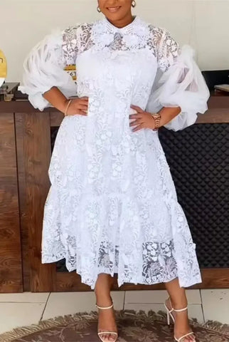 Image of Africa Clothing Lace African Party Wedding Dresses for Women 2024 Summer Elegant African Long Sleeve Evening Midi Dress Gowns-FrenzyAfricanFashion.com
