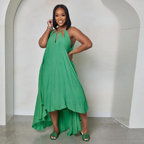 Image of Summer New Women's Fashion Sexy Sleeveless Open Back Long Street Dress Solid Loose Pullover Metal Decoration Dress-FrenzyAfricanFashion.com