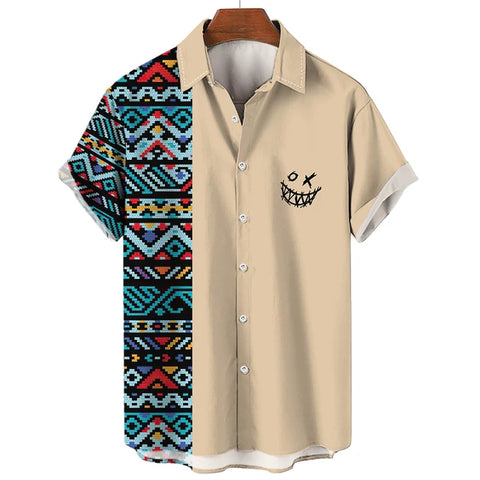 Image of Men Vintage Ethnic Hawaiian 3D Print Short Sleeve Lapel Button Streetwear-FrenzyAfricanFashion.com