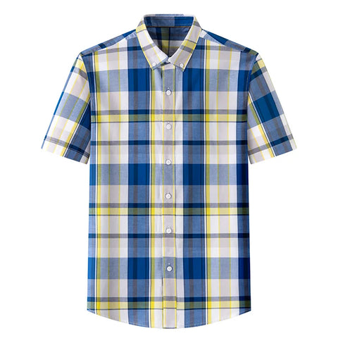 Image of Summer Shirt Men Cotton Solid Color Stripe Plaid Shirt Men Short Sleeve Casual Fitting Oxford Short Sleeve Shirts for Men Causal-FrenzyAfricanFashion.com