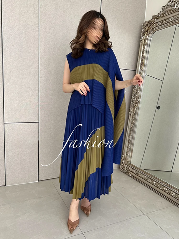 Image of Spring Fashion Pleated Two Piece Set For Women New Irregular Shawl Top + Long Elastic Waist Swing A-line Skirt-FrenzyAfricanFashion.com
