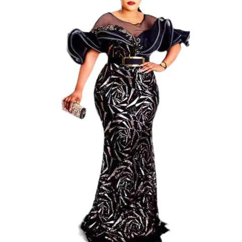 Image of 2023 Spring Summer Elegant African Women Short Sleeve Sequined Wedding Party Long Dress Africna Dresses for Women Maxi Dress-FrenzyAfricanFashion.com