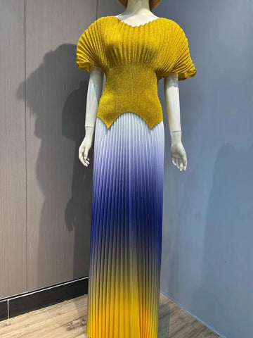 Image of Women Party Pleated 2 Pieces Set Gradient Women Fashion V Neck Short Batwing Sleeves Irregular Hem Long Skirt-FrenzyAfricanFashion.com