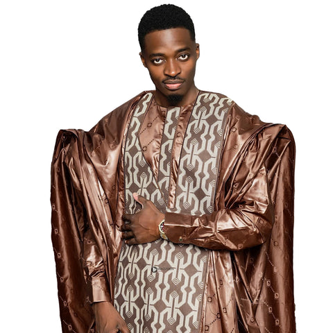 Image of African Clothing Men Traditional Bazin Riche Embroidery Design Top Long Sleeve 3 Piece Set-FrenzyAfricanFashion.com